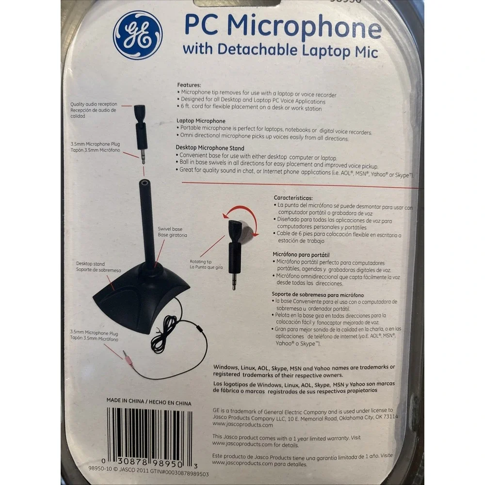 NEW GE PC Microphone Detachable Laptop Mic 2 in 1 Desktop 20669 6' cord